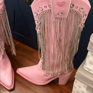 Dolls Kill Pink Rhinestone Heeled Boots